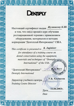 Сертификат. DENTSPLY INTERNATIONAL. CLICK для увеличения